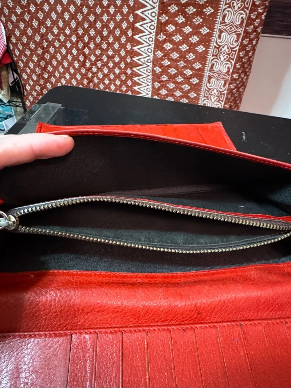 Red Carolina Herrera Embossed Leather Wallet with CH Pattern